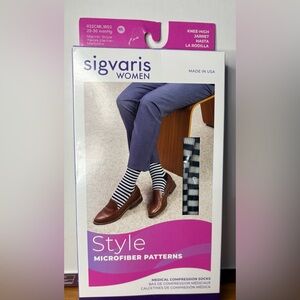Sigvaris Women's Knee-High Compression Socks in Navy/White Stripes- New in BOX